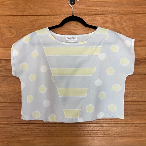 Vintage Tops - Vintage 80s Julie Girl gray and yellow polka dot striped short sleeve top